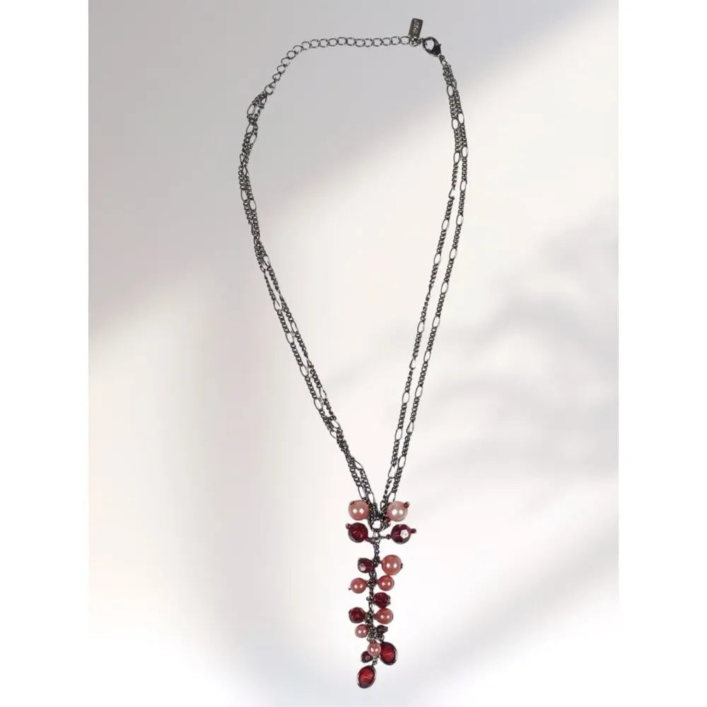1928 Necklace Red Pink Bead Cluster Y Drop Dangle Metallic Gray 2 Strand Chain
